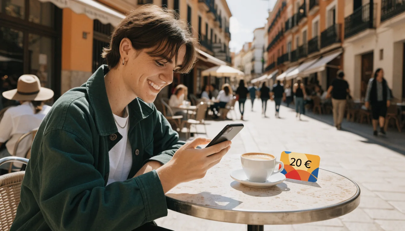 Joven feliz con tarjeta de bono de 20 euros en café español