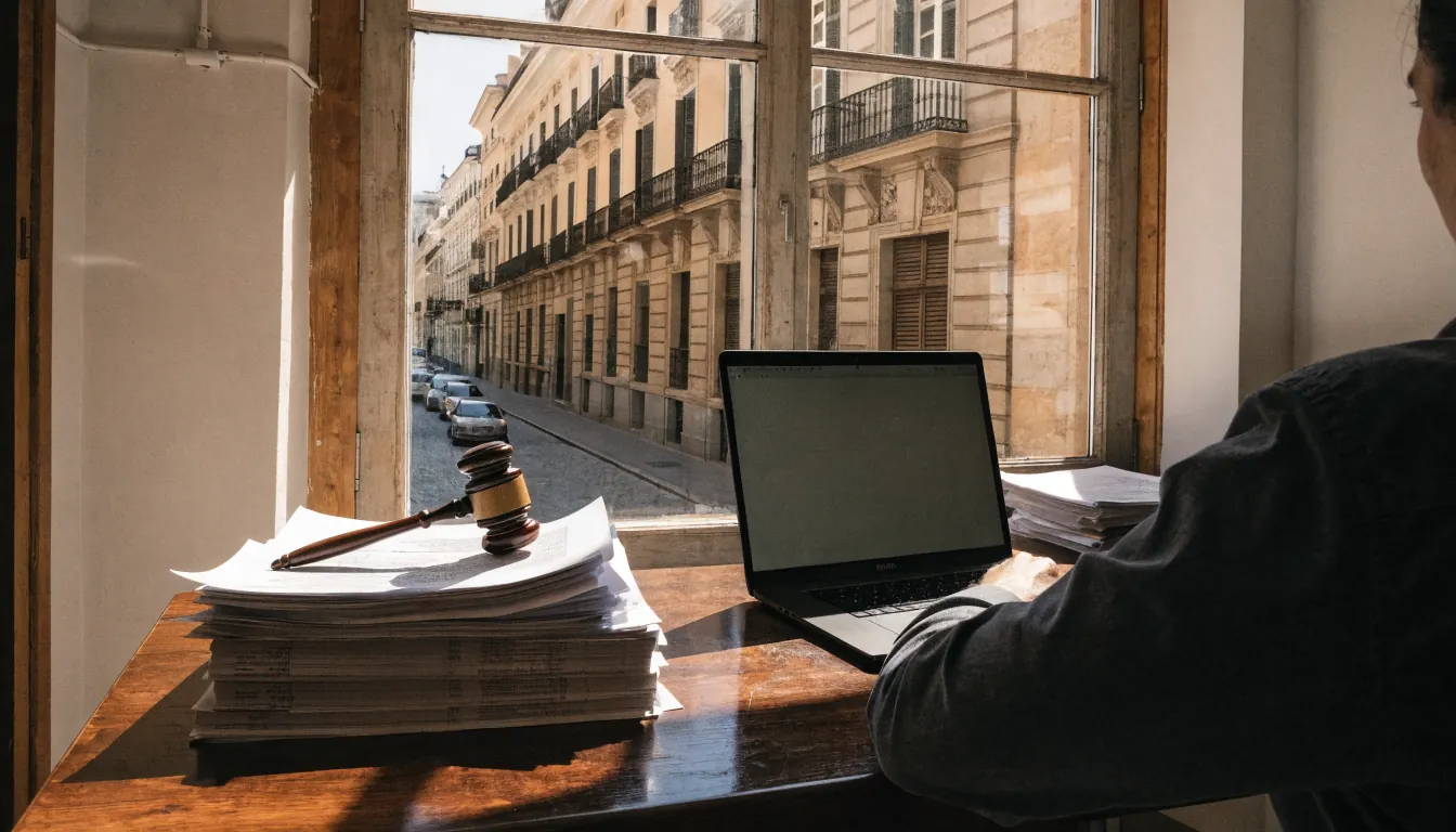Oficina española con documentos legales y vista a la calle histórica