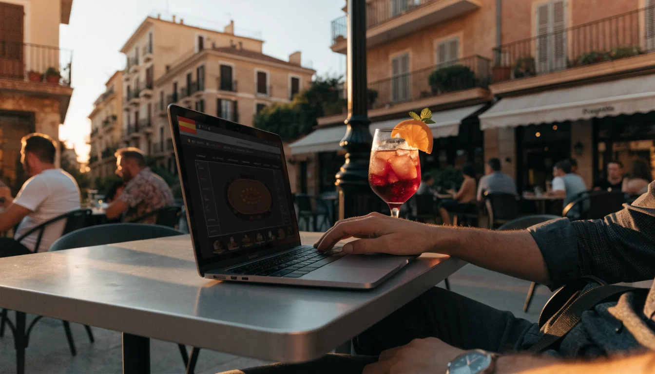 Terraza de café español con laptop mostrando casino en línea