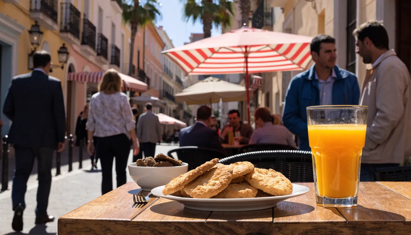 Café español con galletas bajo luz natural