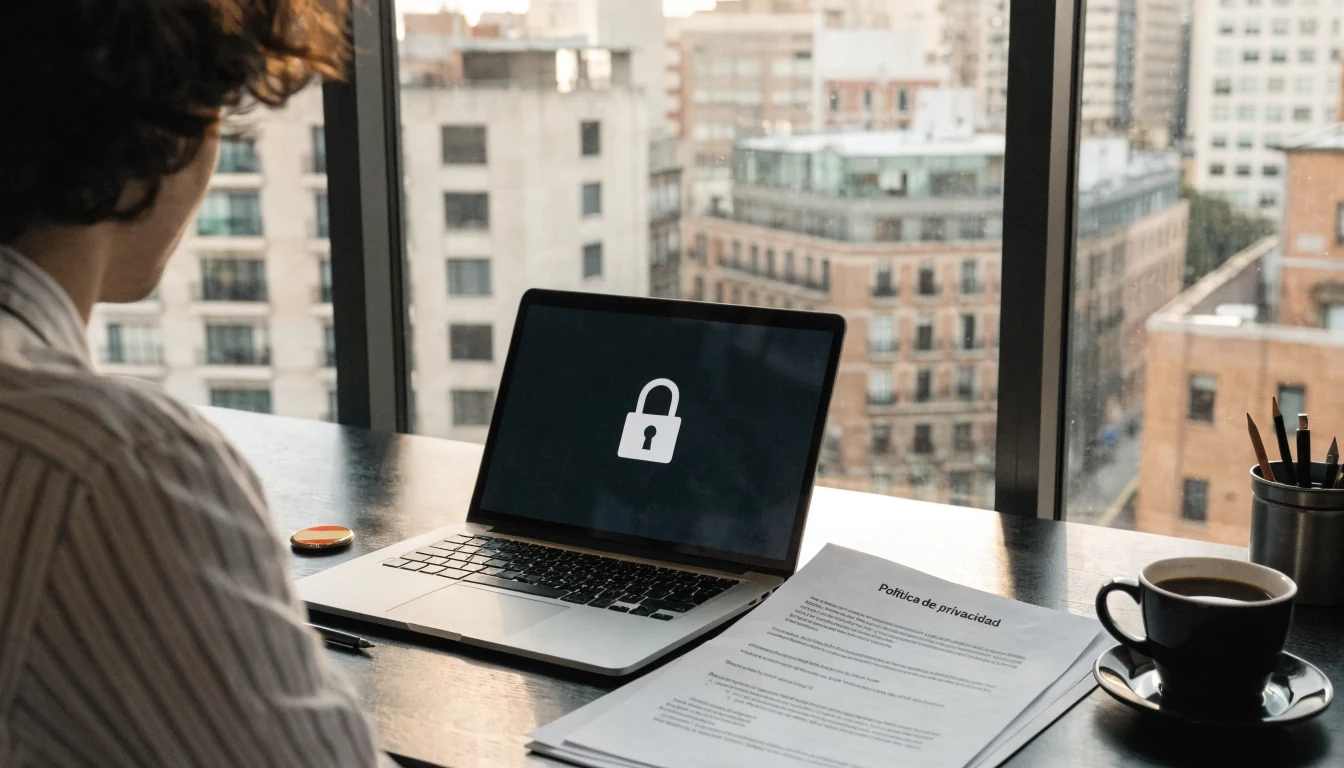 Escritorio español con laptop y documentos de privacidad