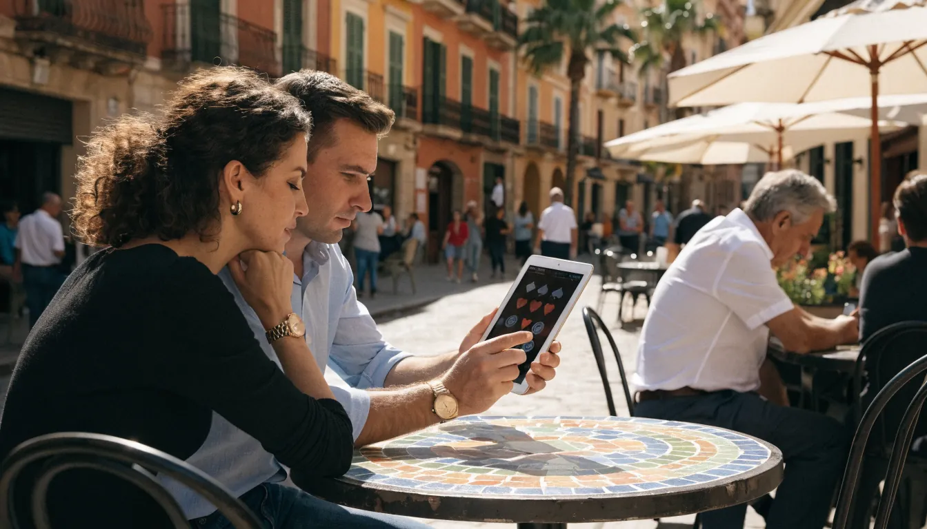 Pareja revisando casino en terraza española bajo sol